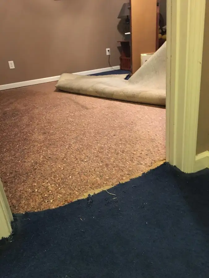 Carpet pad removal revealing water damage during Water Mitigation Services in Galion